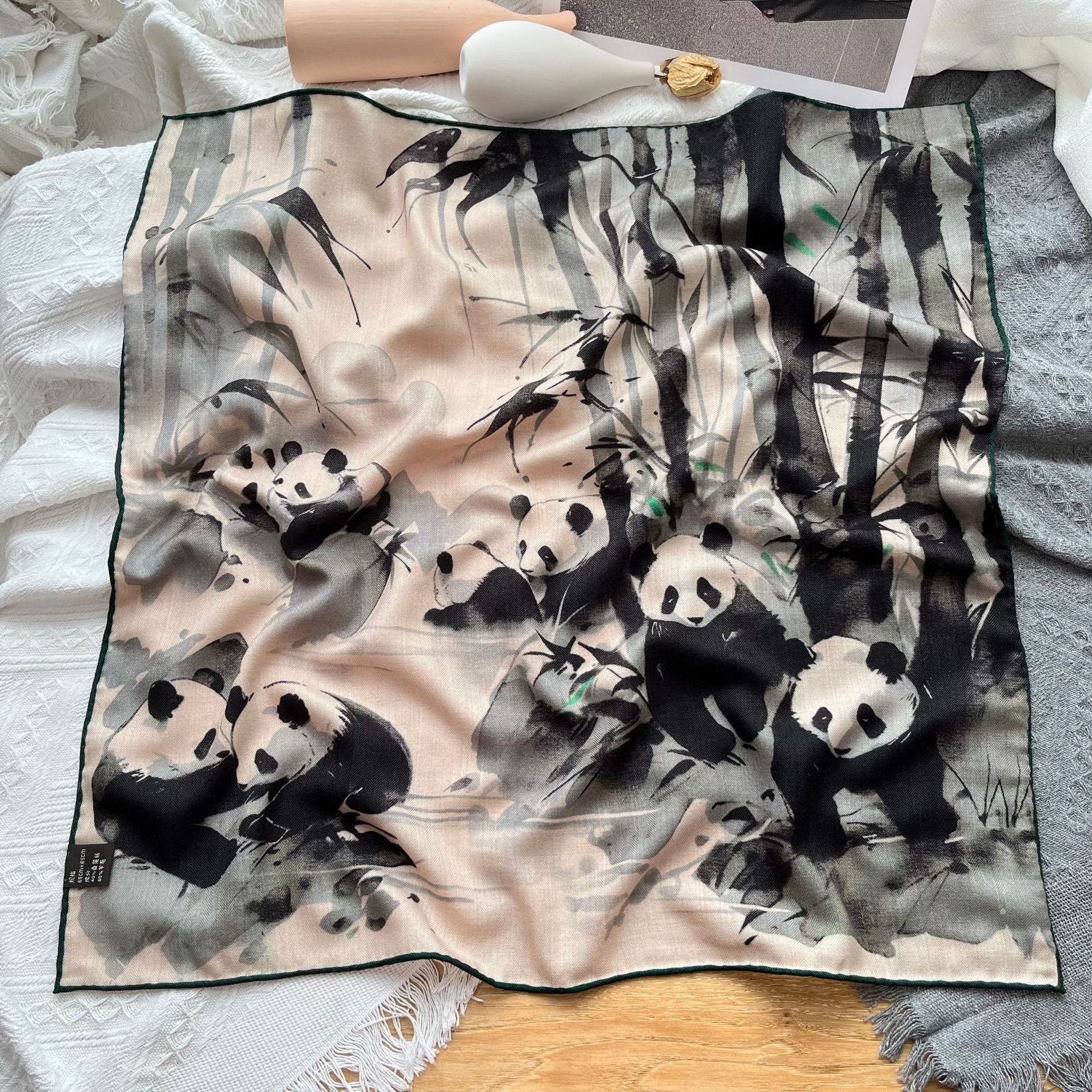 Ink Painting Panda Printing Wool Scarf