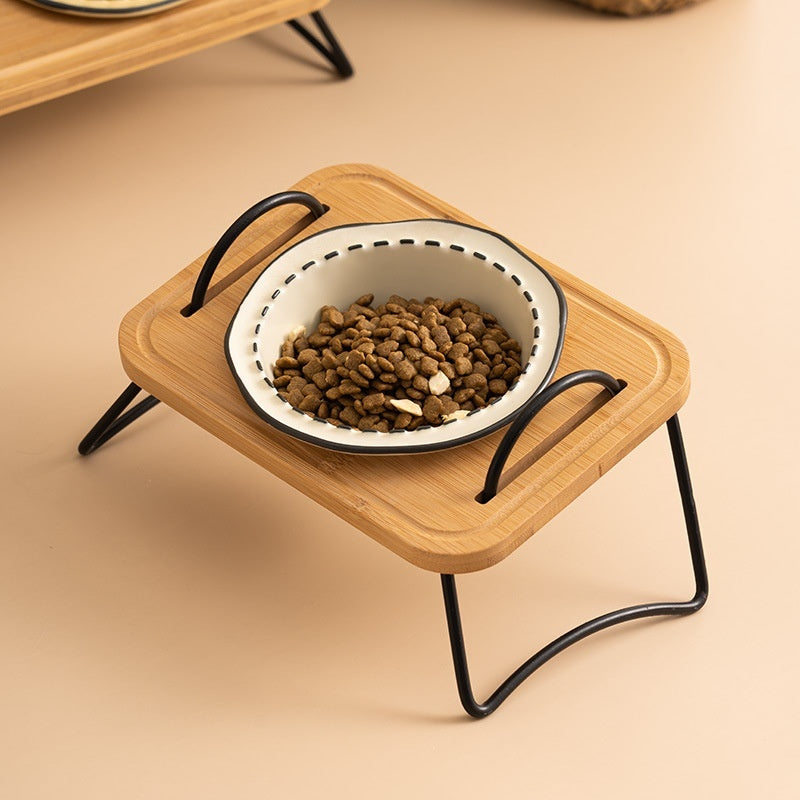 Étagère en bois pour animaux de compagnie Gamelle en céramique multifonctionnelle pour chat Anti-basculement Alimentation en eau Bouche oblique Facile à nettoyer