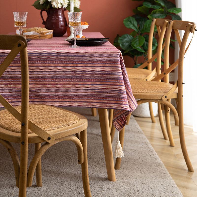 Bohemian Polyester And Cotton Color Woven Floral Striped Tablecloth