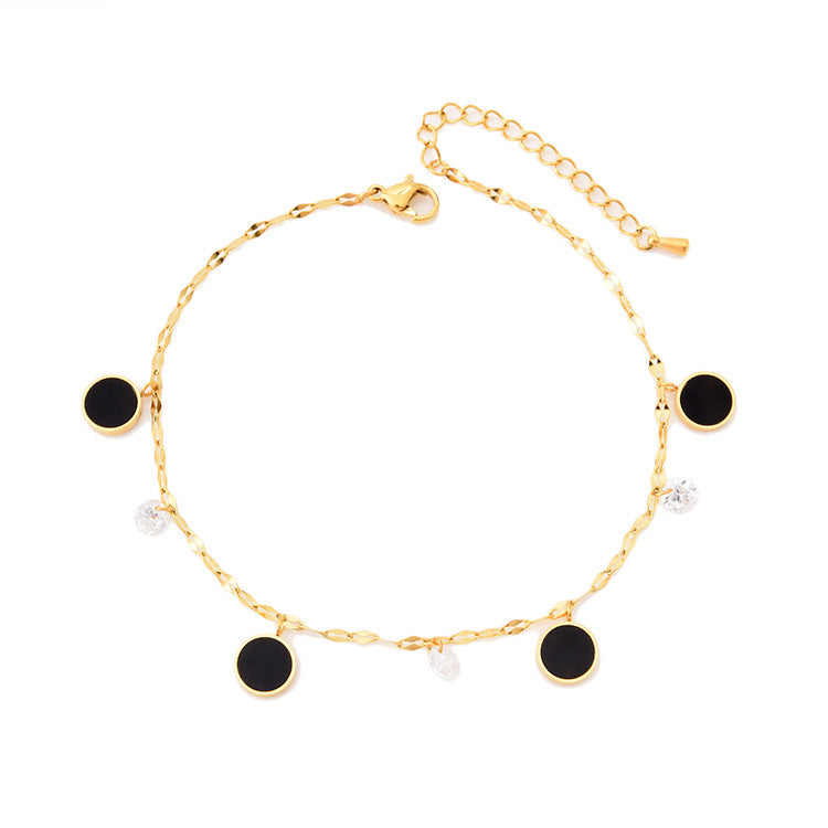 Chaîne Vague d'Eau Zircon Cheville Petit Pendentif Rond Noir Cheville Fille Or