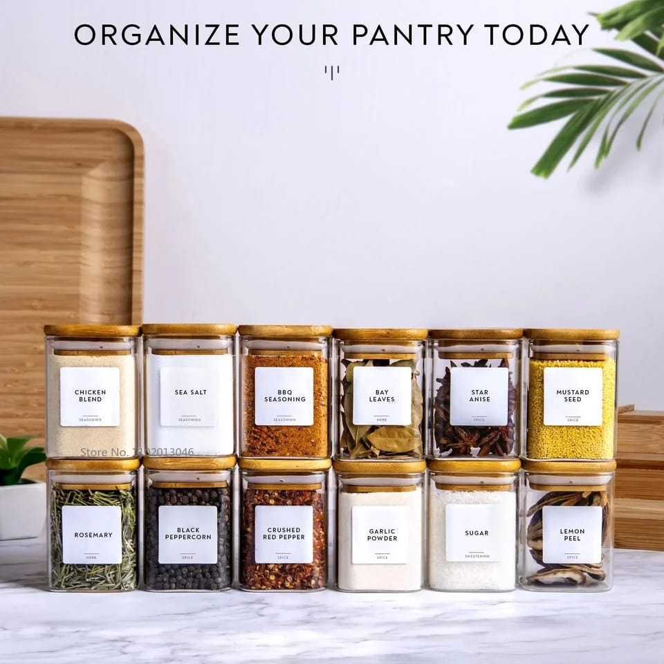 Transparent Square Glass Jar 12-piece Set With Bamboo Cover Storage Tank Suit