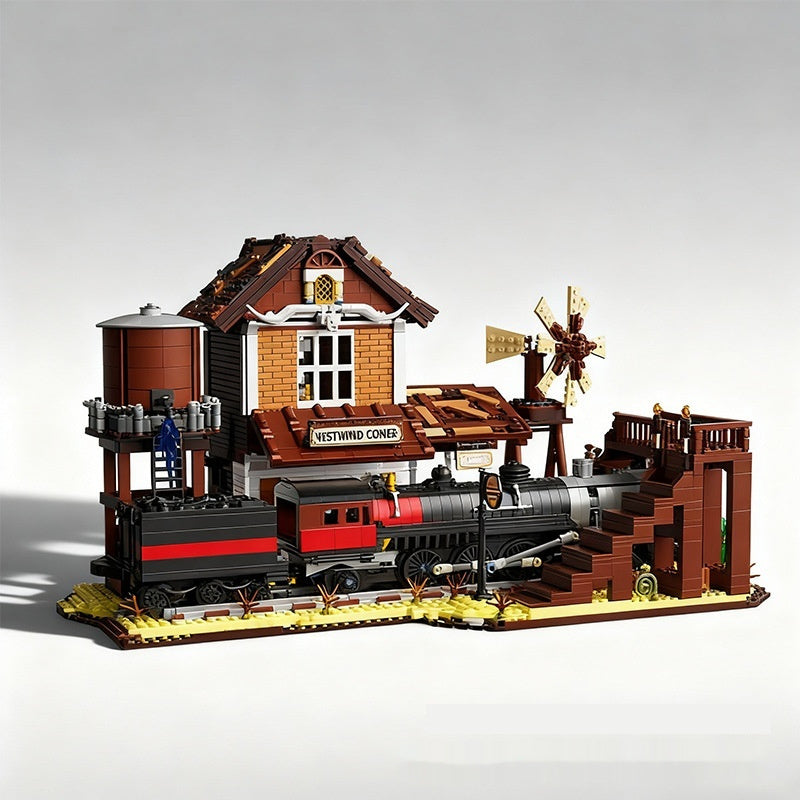 Retro Old Western Cowboy Railway Station Street View Assembled Building Blocks Model