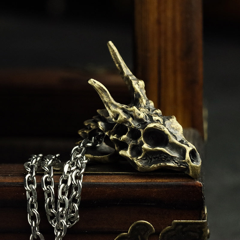 Sterling Silver Brass Vintage Dragon Skull Skull Necklace For Men And Women