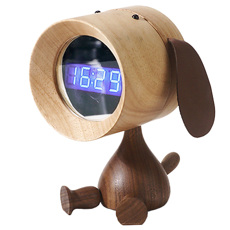 Solid Wood Cute Puppy Alarm Clock Gift Desktop Charging Creative