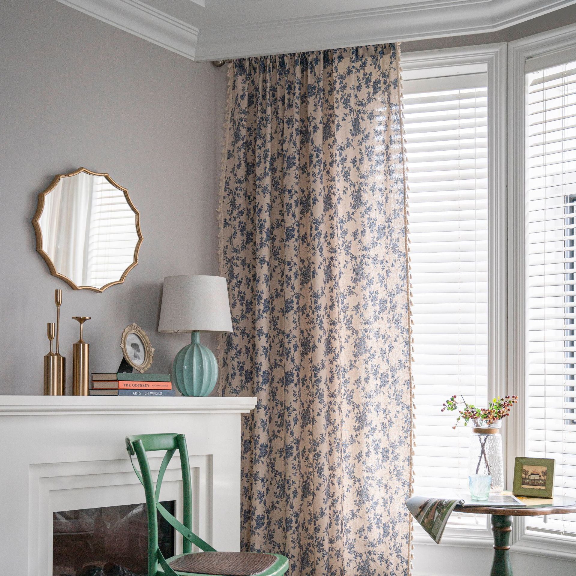 Rideau de cuisine en coton et lin imprimé avec gland beige Petite fenêtre Demi-ombre Décoration de baie vitrée