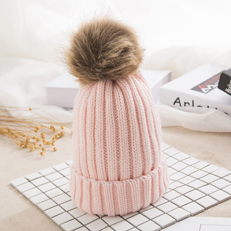 Thick Knit Hat Imitating Raccoon Fur Ball Warm Cap