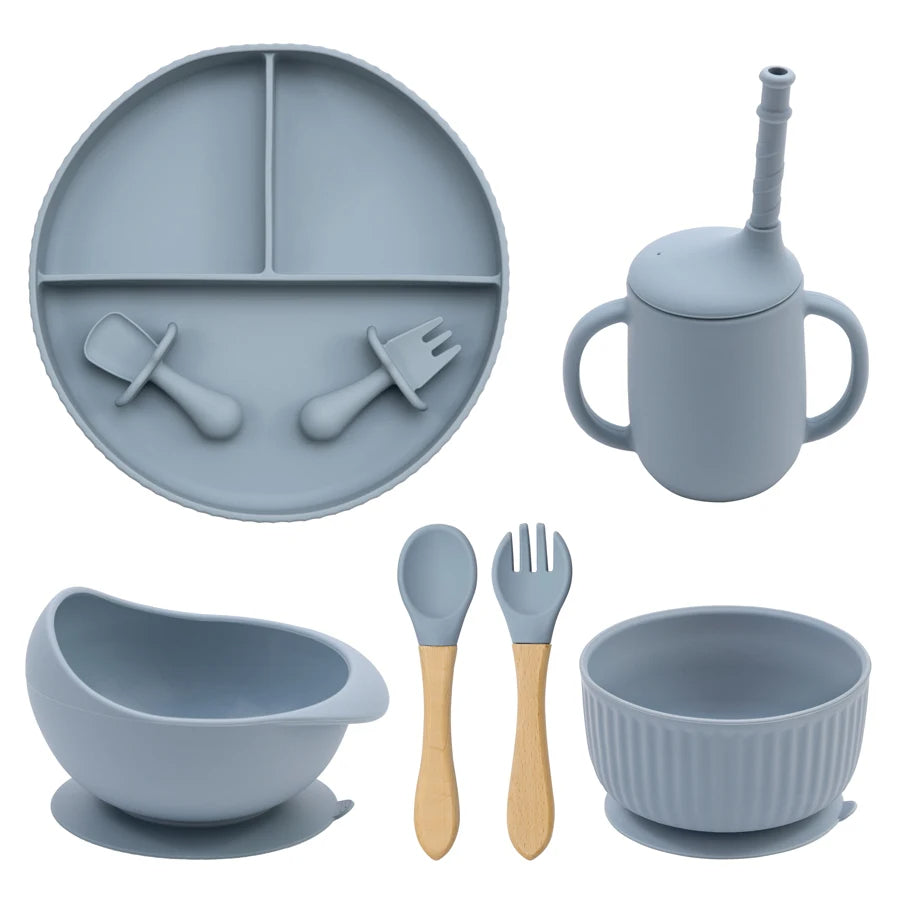 Baby Silicone Cookware Feeding Plate Bowl Set Non-Slip Suction Food Dishes Drinking Cup BPA Free Fork Spoon Children's Tableware