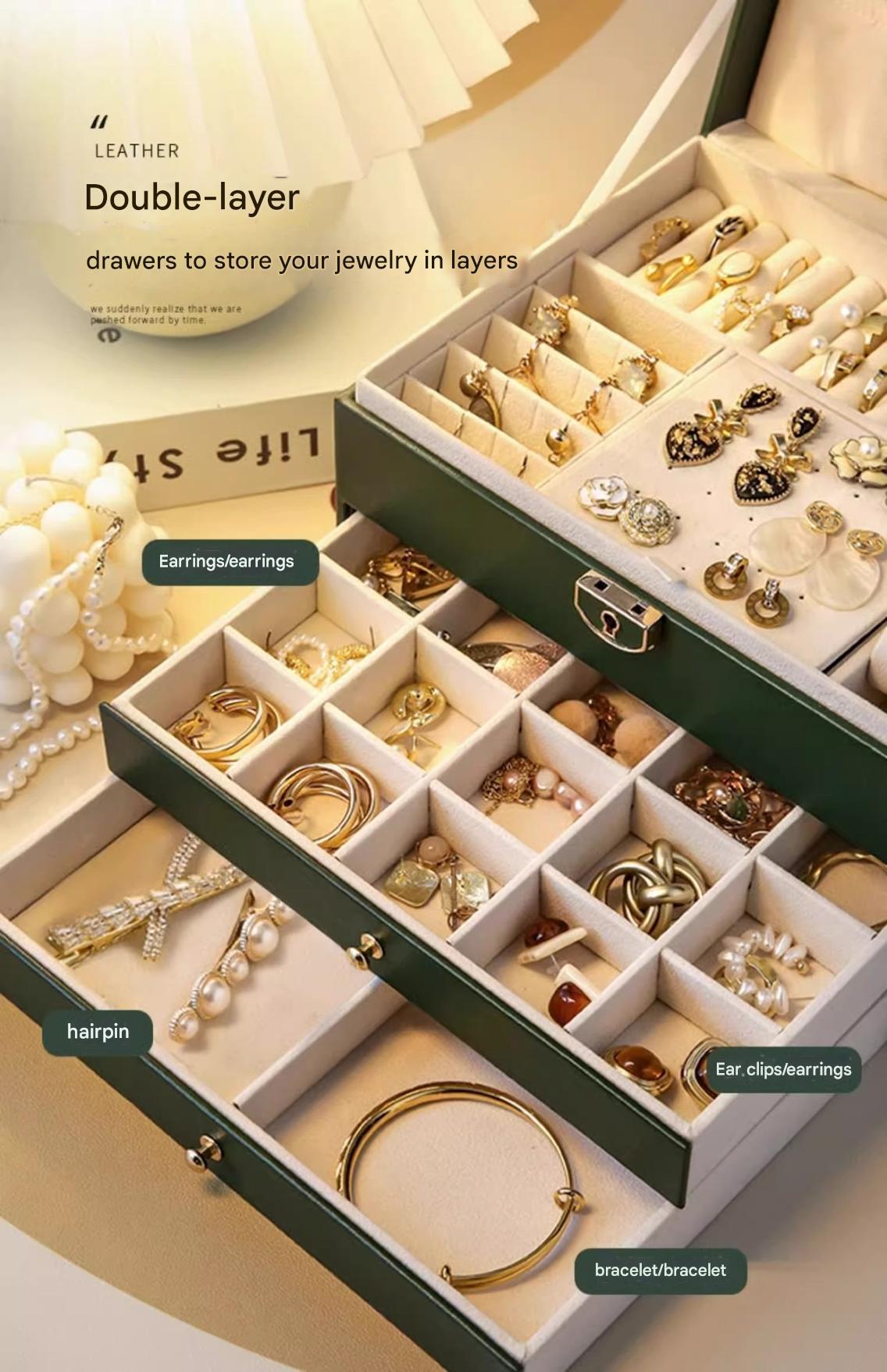 Large Capacity Jewelry Box Leather Three-Tier Drawer Accessories Storage Box Gold Jewelry Necklace Earring Bracelet Storage Box