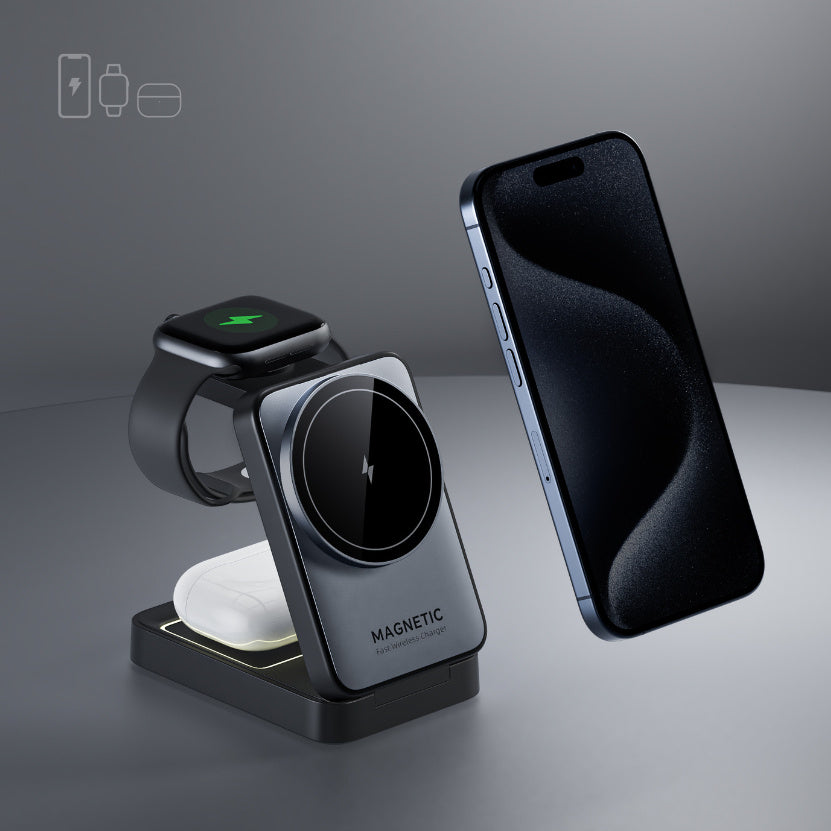 Folding Magnetic Three-in-one Wireless Charger 15W Fast Charge Multifunction Bracket