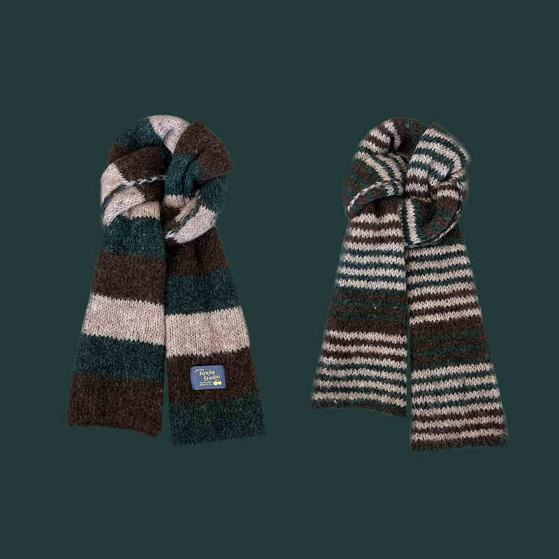 Versatile Soft Yarn Dopamine Contrasting Striped Double-sided Scarf For Women
