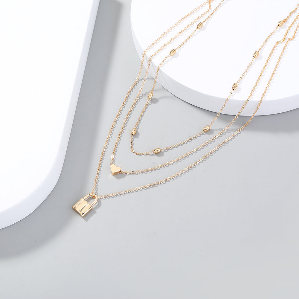 European and American cross-border retro fashion multi-layered simple love lock pendant necklace ins wind clavicle chain jewelry