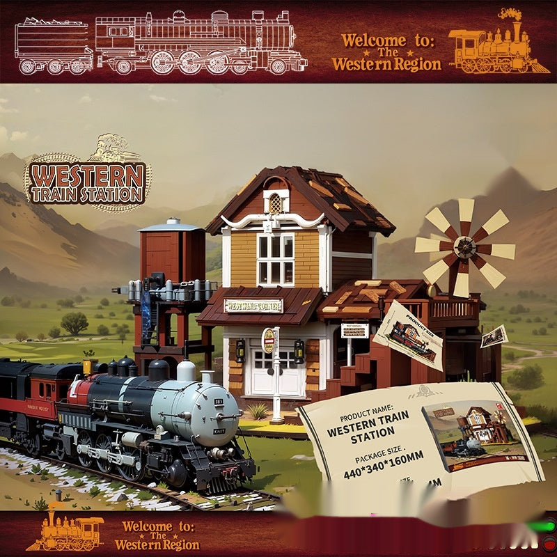 Retro Old Western Cowboy Railway Station Street View Assembled Building Blocks Model