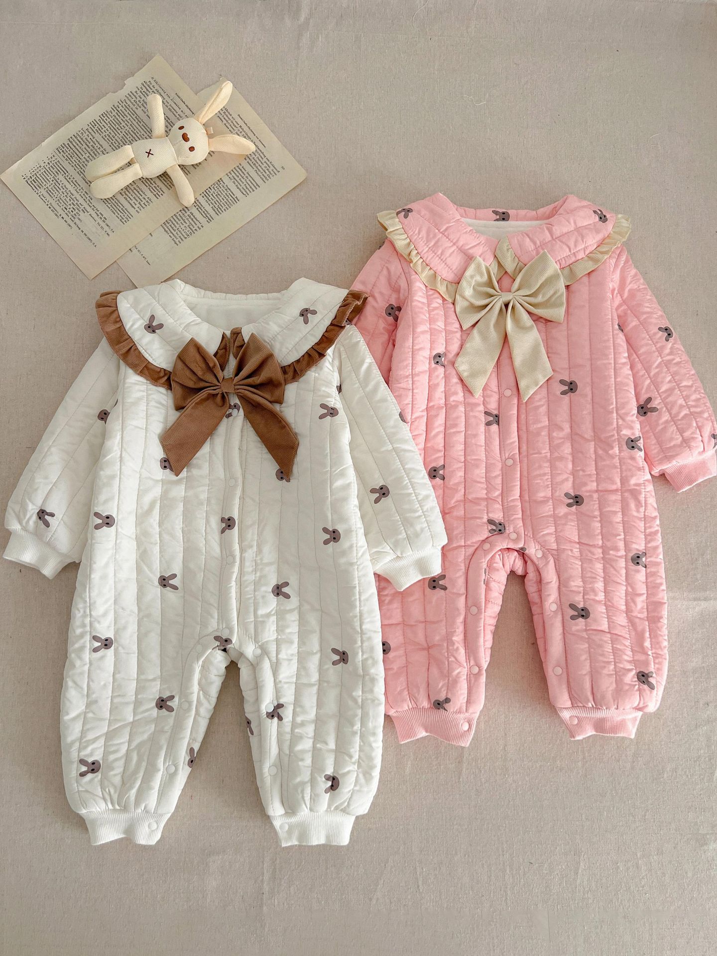 Baby And Infant Winter Clothes Quilted Jumpsuit Baby Girl Cute Super Cute Romper Newborn Korean Style Bow Romper