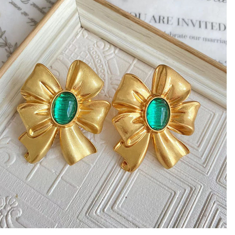 Plain Gold Bowknot Glass Stud Earrings Retro Exaggerated Simple Fashion