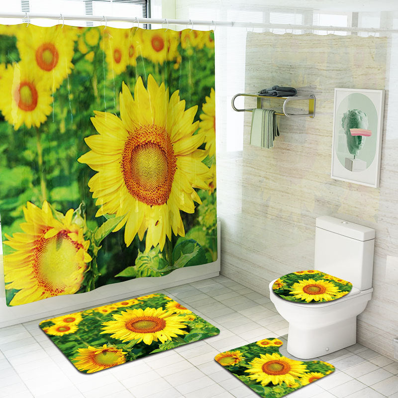 Sunflower Printed Shower Curtain Floor Mat Four-Piece Set