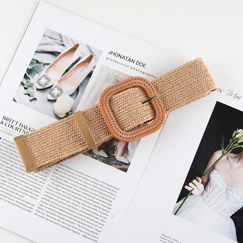 Ceinture en paille tressée en coton et lin pour femme