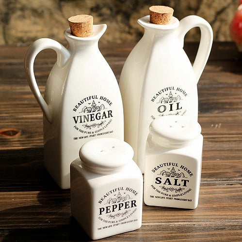 Four-piece Set Of Pure White Japanese Style Ceramic Oil Bottle Seasoning Bottle