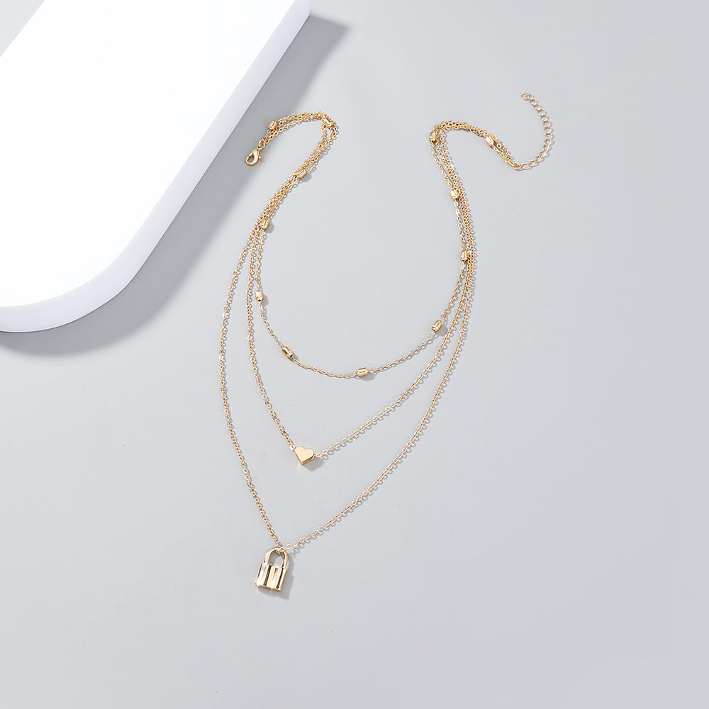 European and American cross-border retro fashion multi-layered simple love lock pendant necklace ins wind clavicle chain jewelry