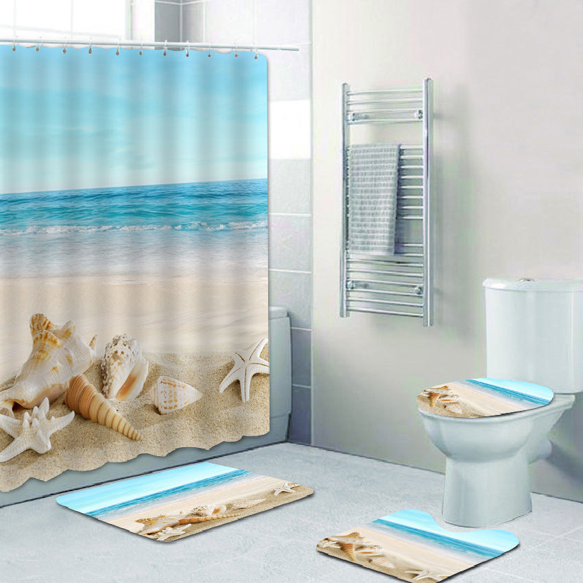 Bathroom Shower Curtain Floor Mat Suit Ocean World Printing