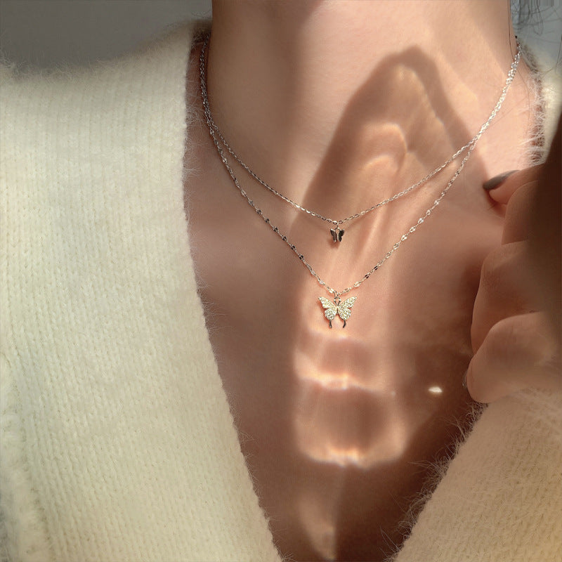 Butterfly Double-Layer Necklace Female Simple Design Sense Niche Temperament
