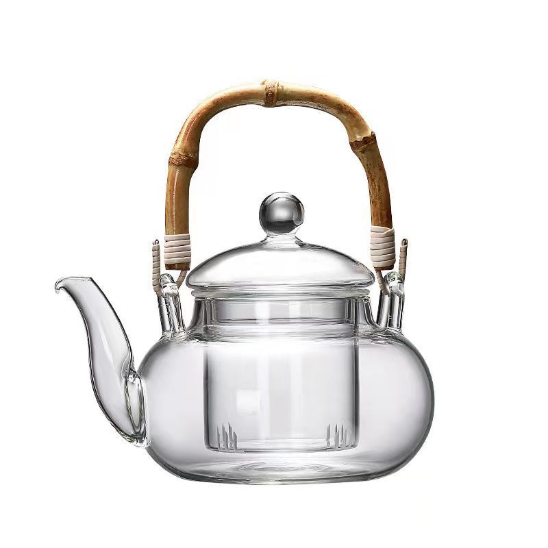 Vintage Bamboo Tea Set Glass Ring Handle Teapot