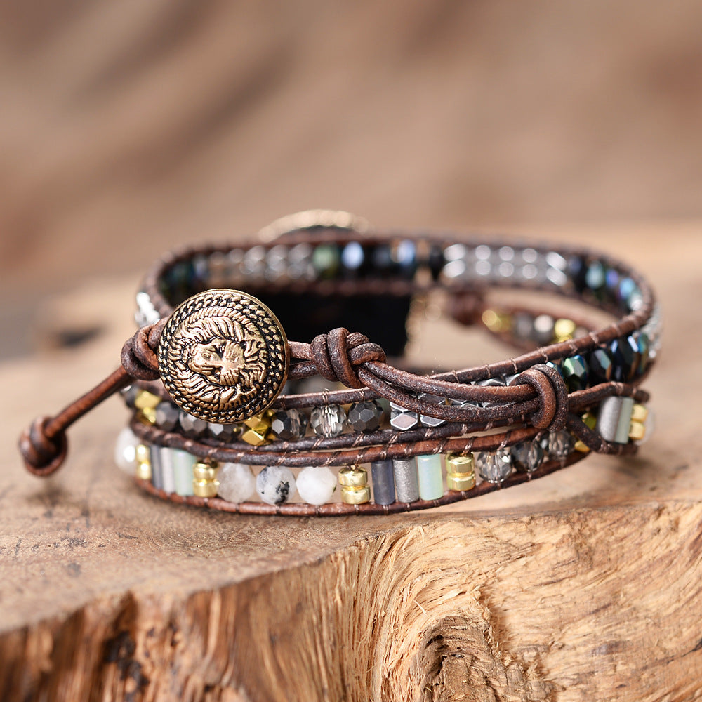 Faceted Natural Crystal Stone Three-layer Ladies Fashion Bracelet Handmade Beaded Crystal Leather Cord Bracelet