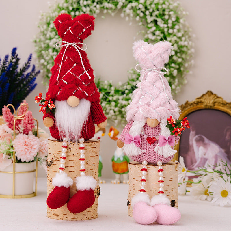 Decorative Sequins Plush Bonnet Valentine's Day Gift Dwarf Doll Pearl Hanging Leg Doll