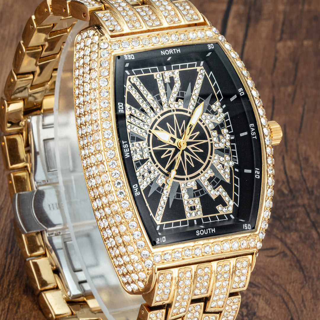 Montre pour hommes à grand cadran, entièrement incrustée de diamants, en forme de seau