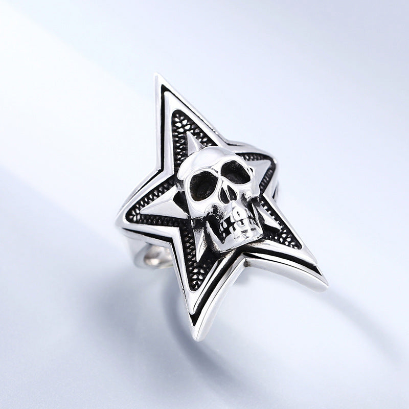 Sterling Silver Skull Five-pointed Star Men's Live Ring