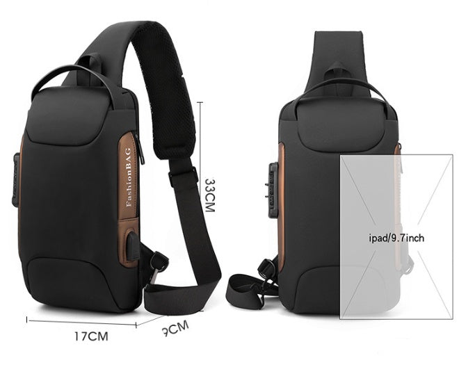 Sac de poitrine à bandoulière unique pour homme en cuir, avec chargement USB