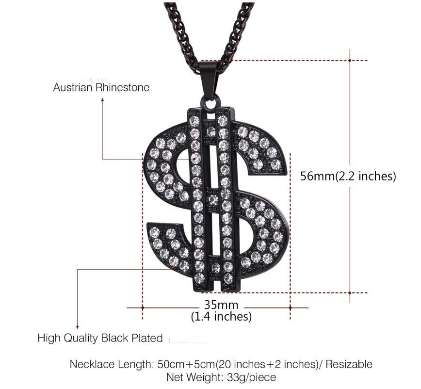 European and American exaggerated jewelry Hip-hop style diamond-studded dollar symbol necklace Personality men and women pendant