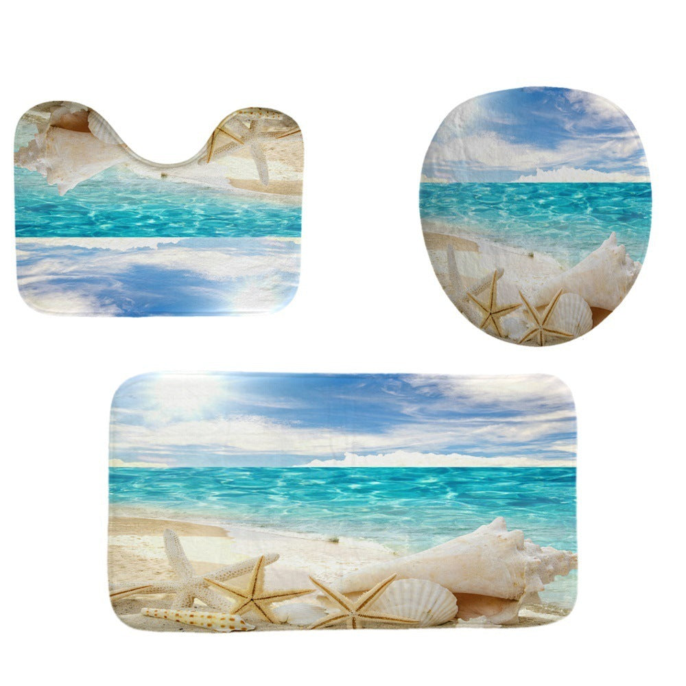 Beach Shell Printed Shower Curtain Carpet Bathroom Mat Four Piece Set