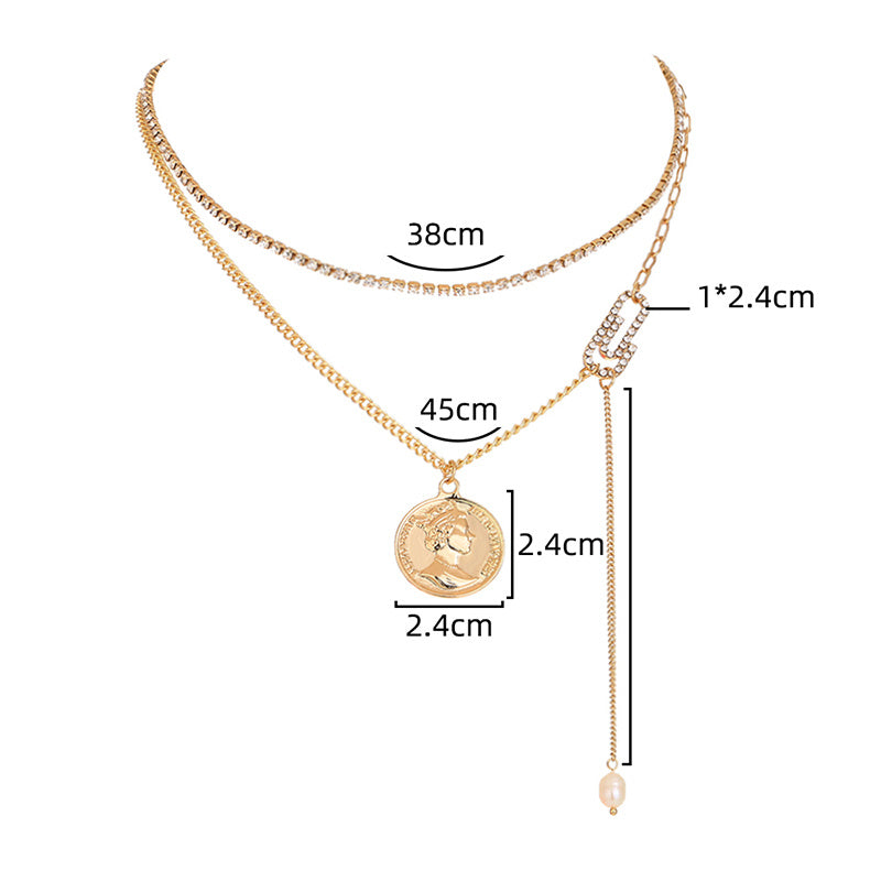 European and American foreign trade hot-selling jewelry, claw chain queen portrait double necklace, diamond-encrusted safety paper clip stitching necklace