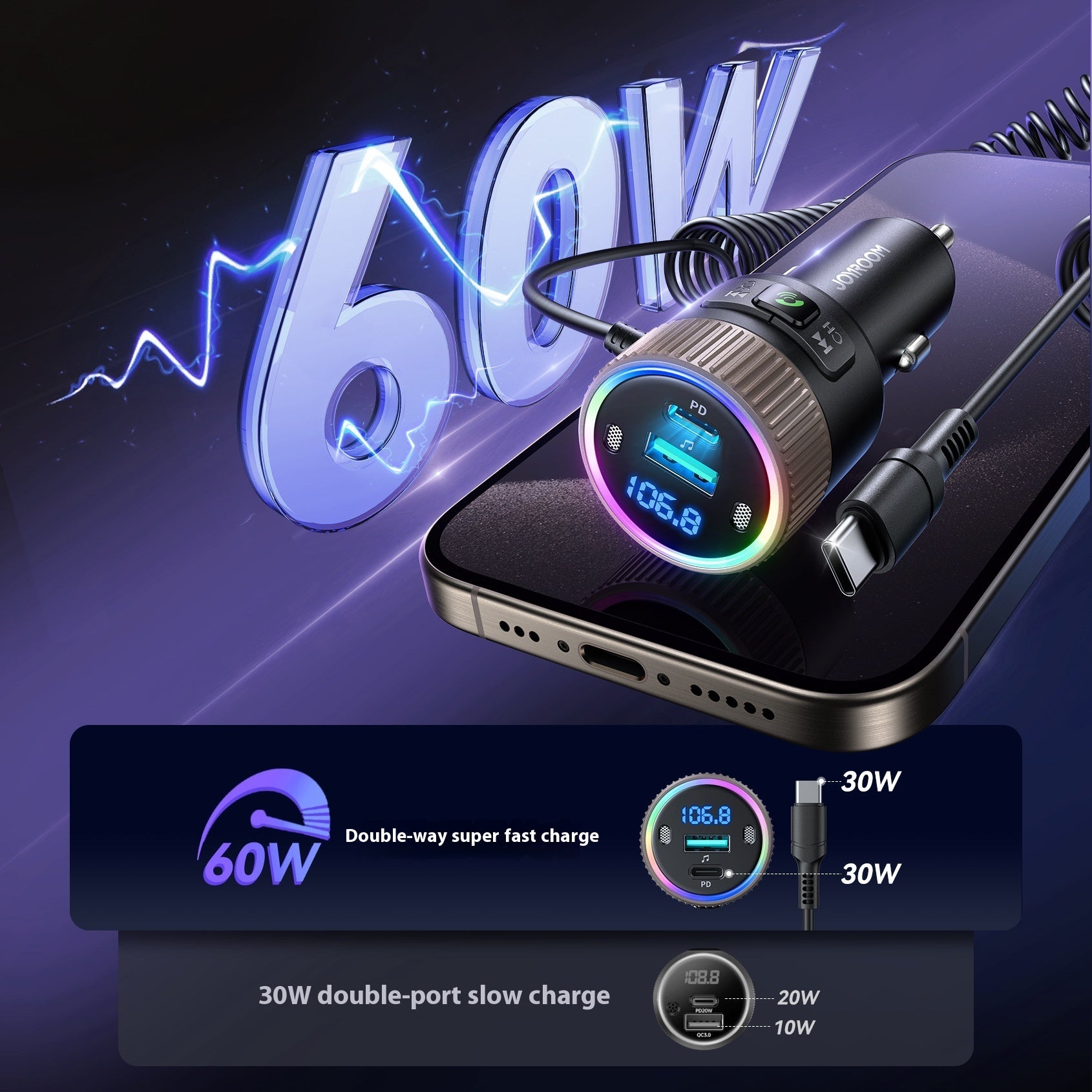 Car Bluetooth Transmitter Digital Display 60W Fast Car Phone Charger With Spring C Line