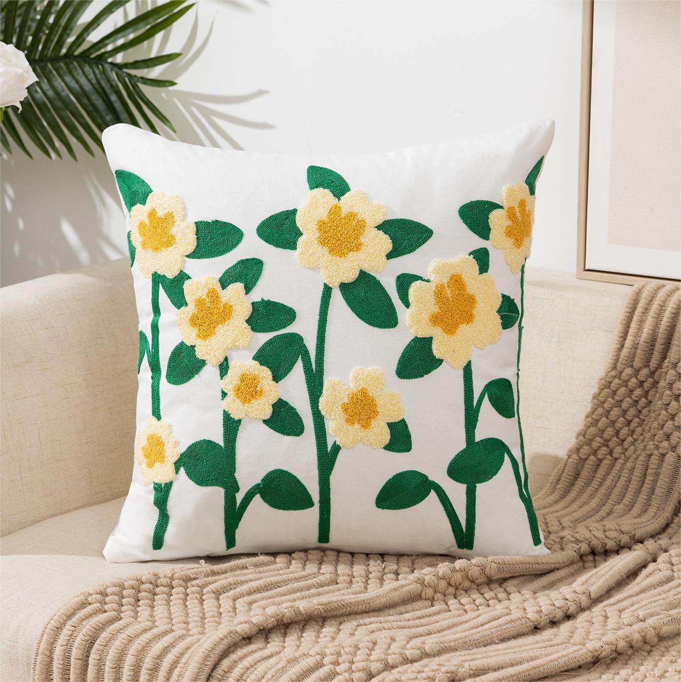 Pastoral Style Home Sofa Cushion Flower Embroidery Pillow Cover