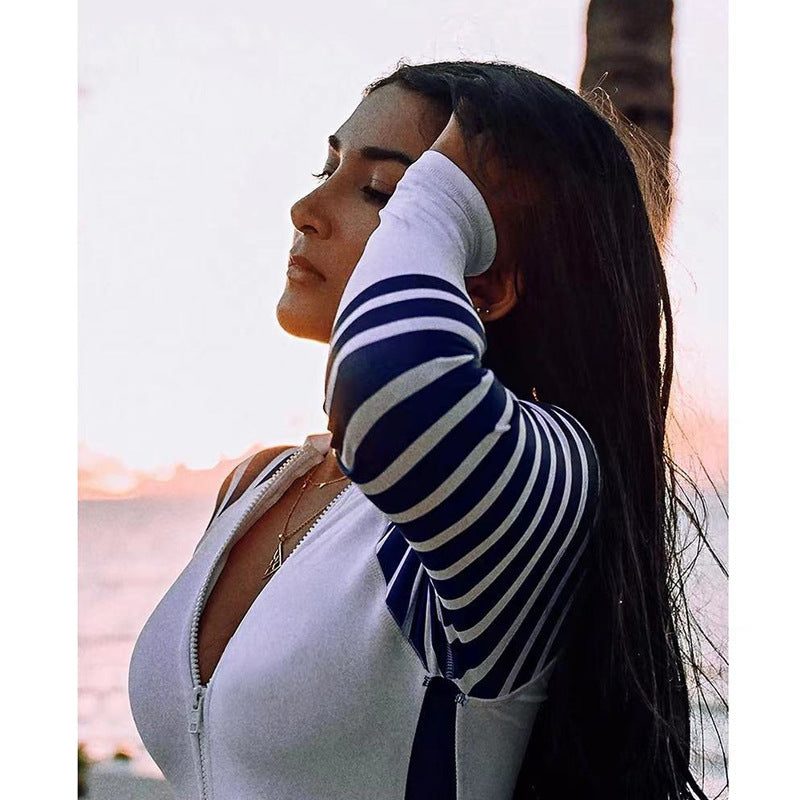 Striped Wetsuit Panel Color Swimsuit