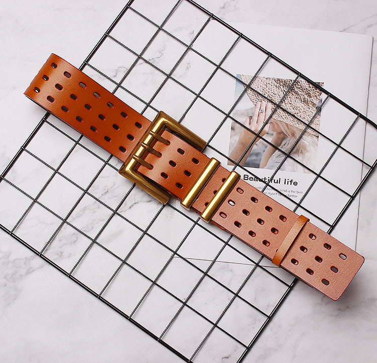 Women's Solid Color Metal Leather Wide Belt