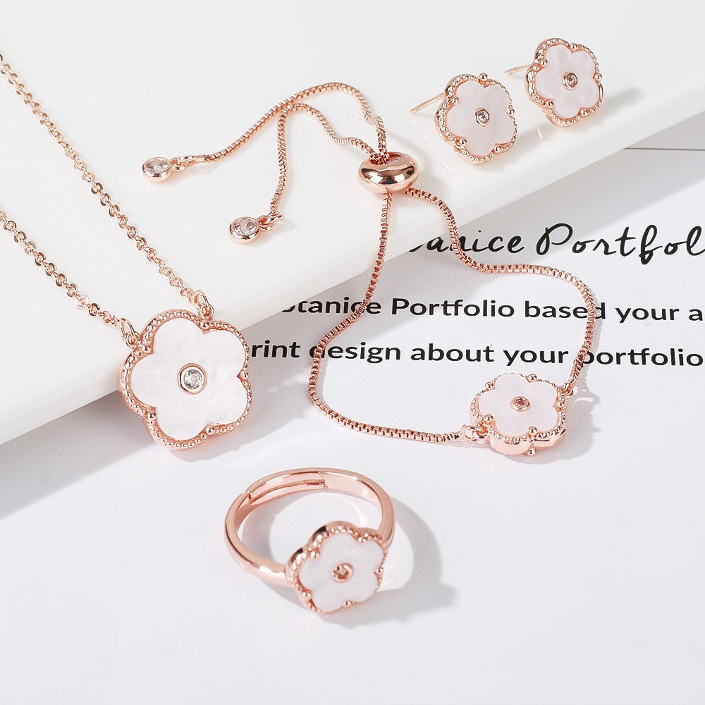 Gold Flower Bracelet Ring Earrings Bracelet Women's Suit