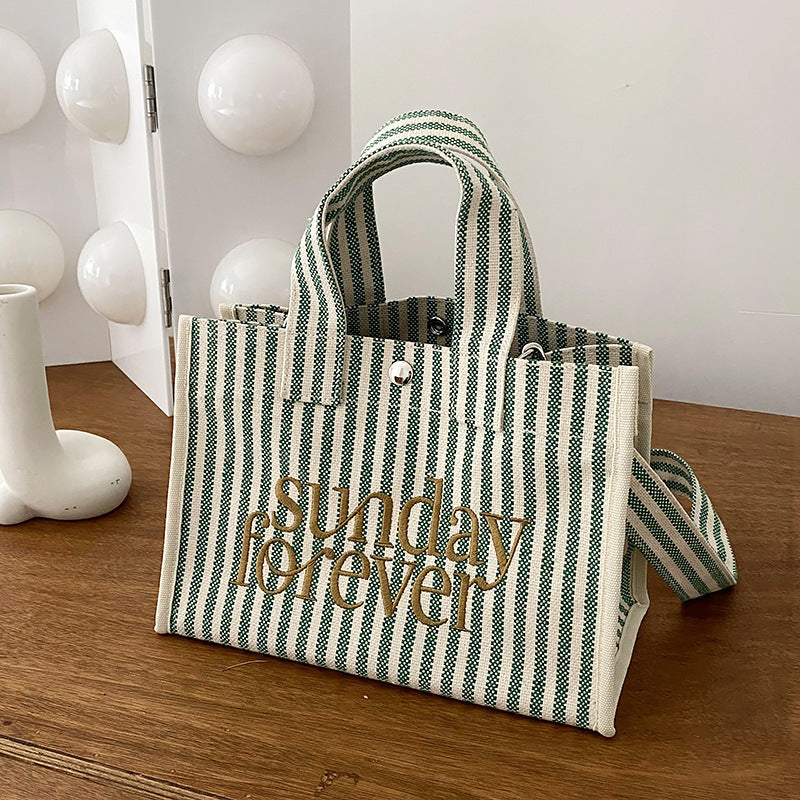 Large Capacity Tote Shoulder Bag Student Bag Striped Canvas Bag