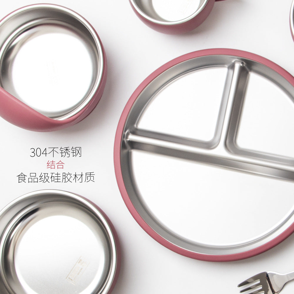 Set d'alimentation pour bébé en acier inoxydable et silicone, bol à ventouse, fourchette et cuillère pour bébé