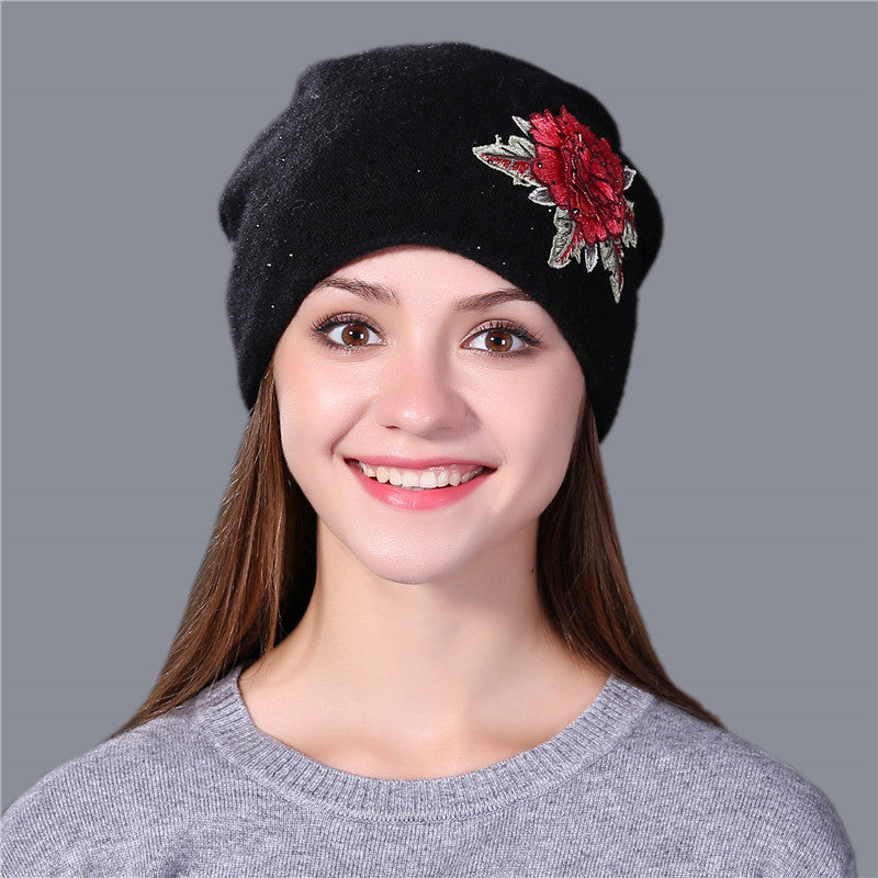 15cm Big Fox Fur Ball Flower Embroidery Knitted Hat