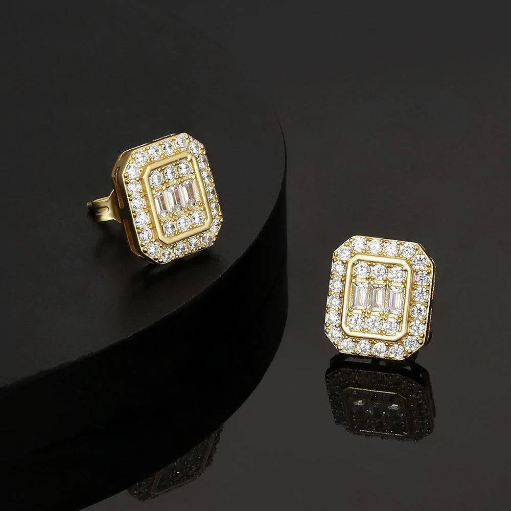 Full-Crystal Hip-Hop Stud Earrings For Men Rectangular Style, Western Design