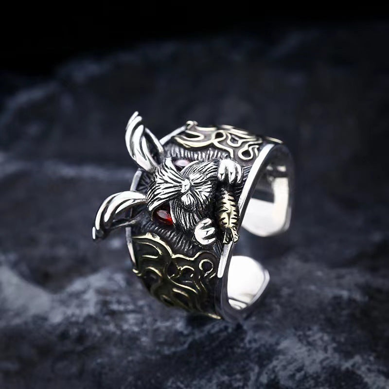 S925 Sterling Silver Punk Style Dark Rabbit Ring Male