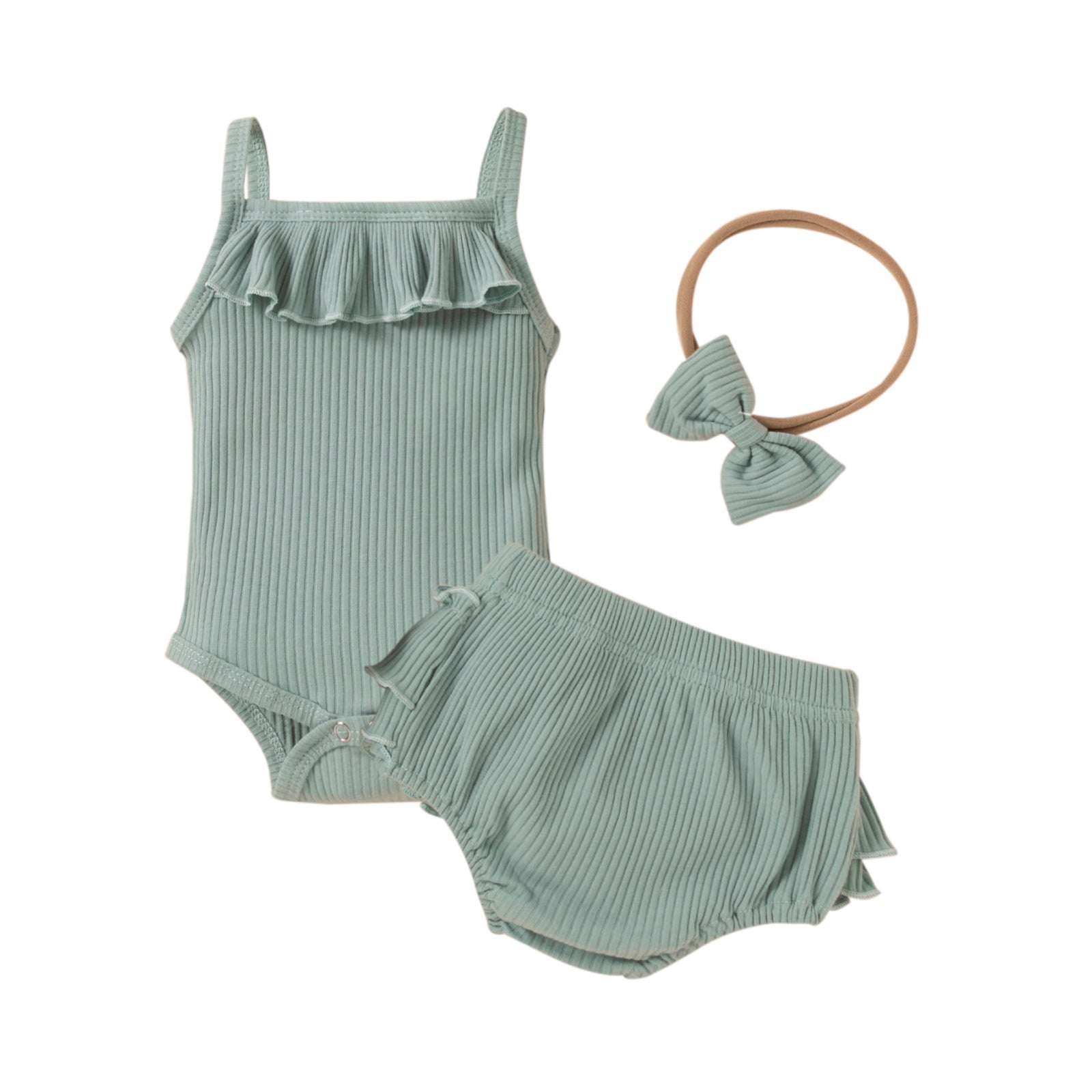 Children's Clothing Baby Solid Color Three-piece Set Sunken Stripe Strap Lace Multi-layer Edge Romper