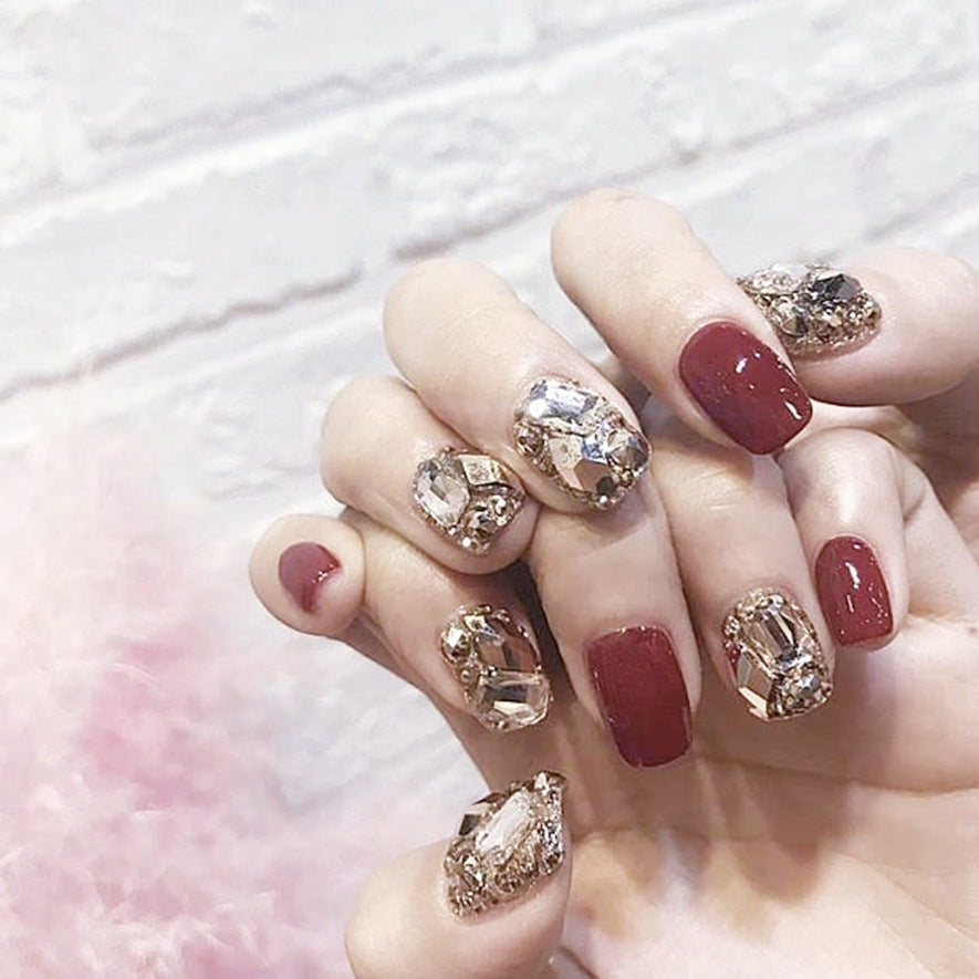 Pointe d'ongle amovible, rouge bordeaux, champagne, entièrement sertie de diamants