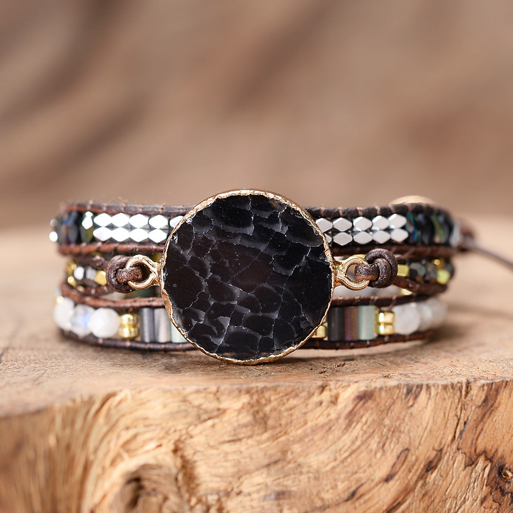 Faceted Natural Crystal Stone Three-layer Ladies Fashion Bracelet Handmade Beaded Crystal Leather Cord Bracelet