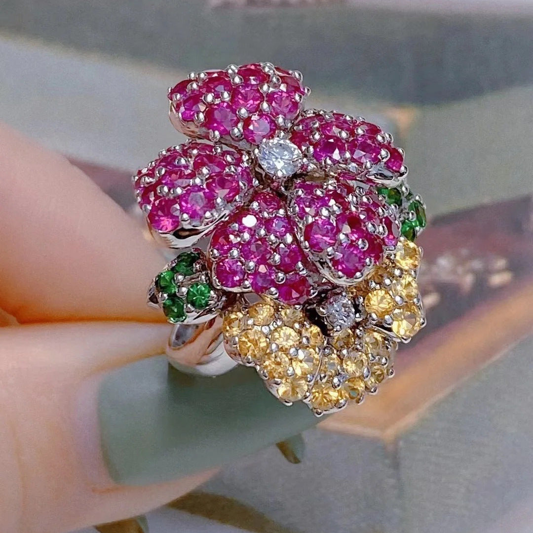 Cold Style Special-interest Design Flower Ring Female Open Light Luxury Micro-inlaid Full Diamond Ring All-matching