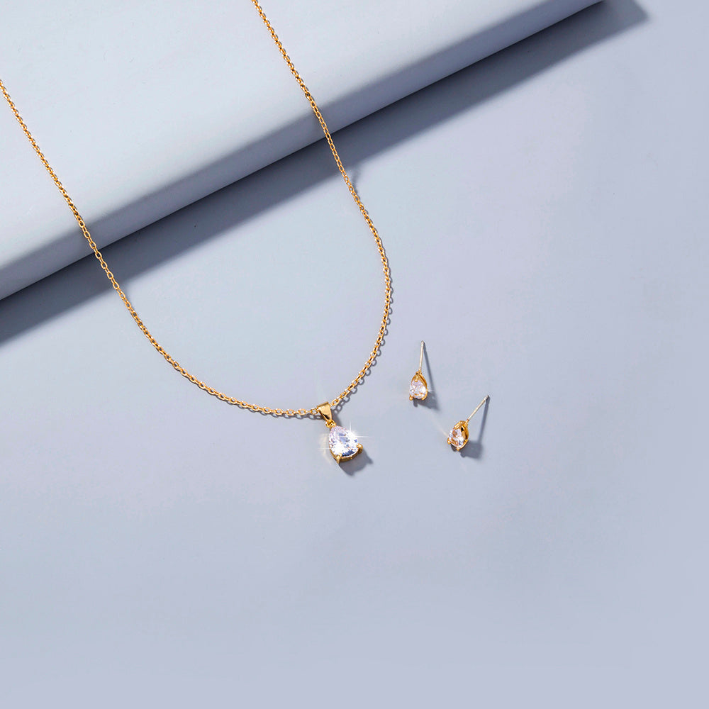 Copper-plated Gold Zircon water drop necklace earring set decoration