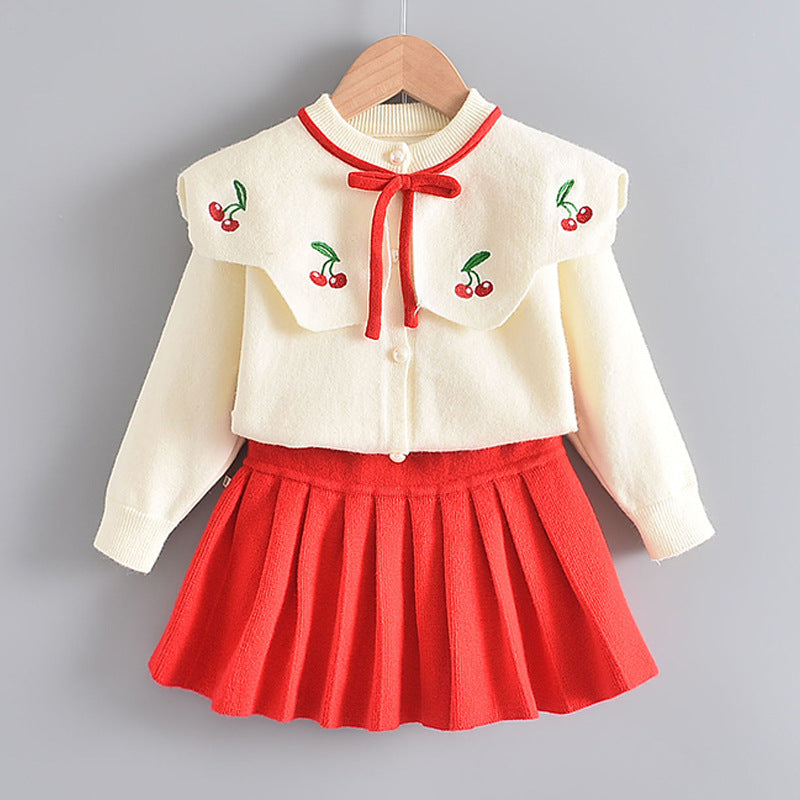 Western Style Knitted Two-piece Sweater Children Cute Long Sleeve Suit Skirt
