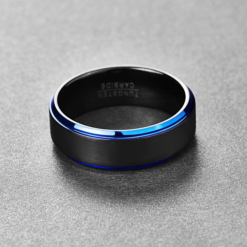 Bague pour homme en acier au tungstène noir plaqué à bord dépoli bleu